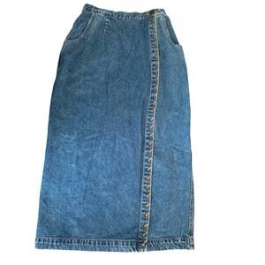 Vintage 90’s Stonebridge long faux wrap blue denim skirt side pockets size 4 P